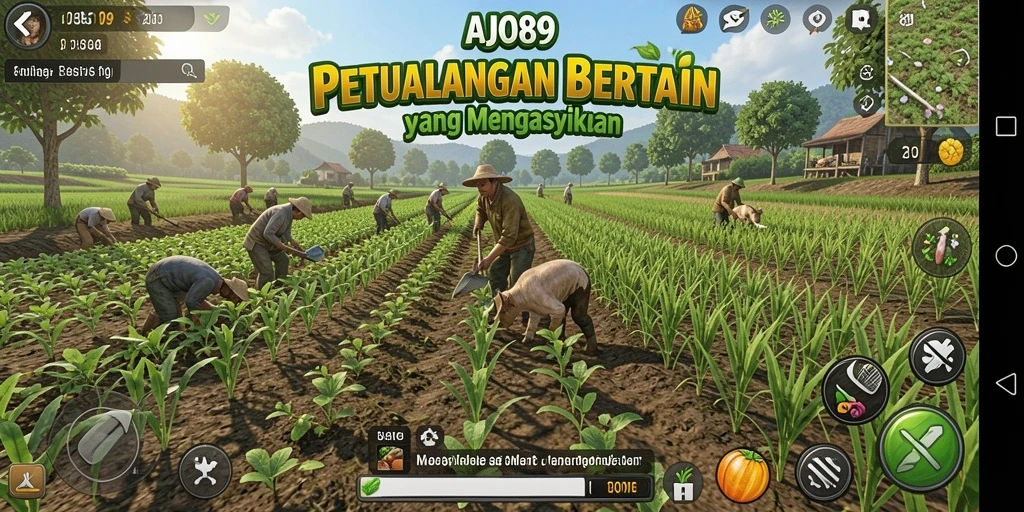 Screenshot AJO89 menampilkan pengguna yang sedang bertani dengan alat canggih.