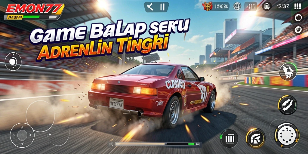 Screenshot gameplay EMON77 menampilkan aksi balap yang mendebarkan.