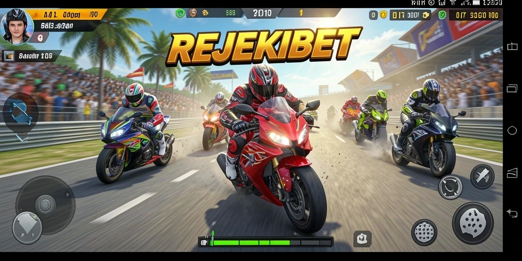 Tampilan gameplay balapan motor yang mendebarkan di REJEKIBET.