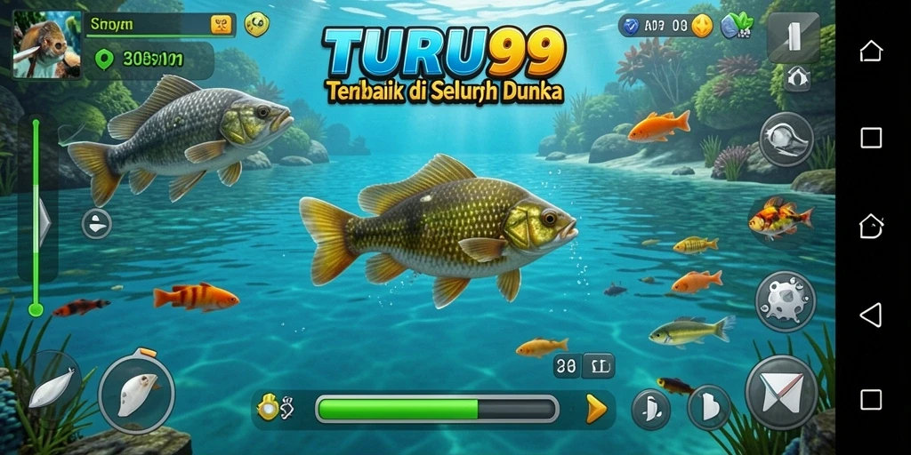 Screenshot TURU99 menampilkan pemain sedang menangkap ikan di laut yang indah.