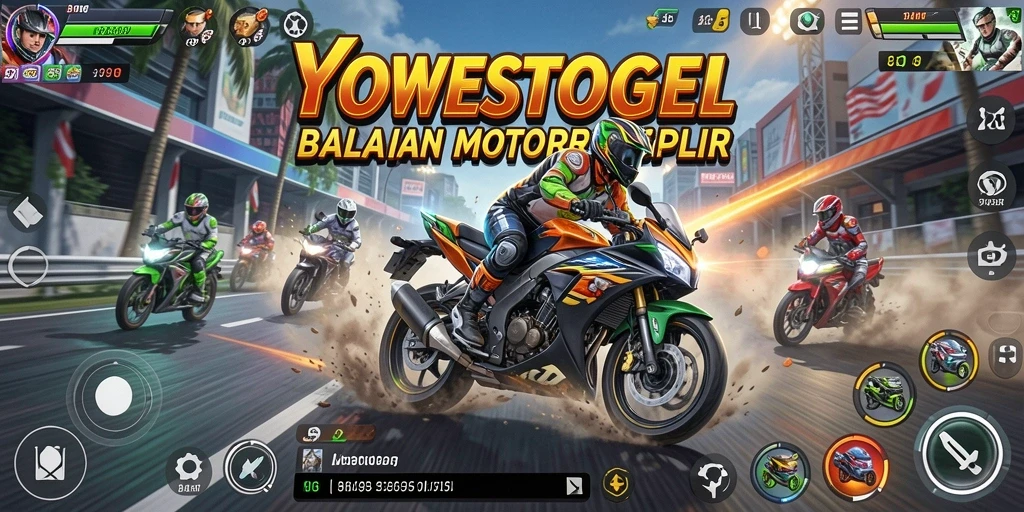 Screenshot YOWESTOGEL menampilkan aksi balapan motor yang seru di trek yang menantang.